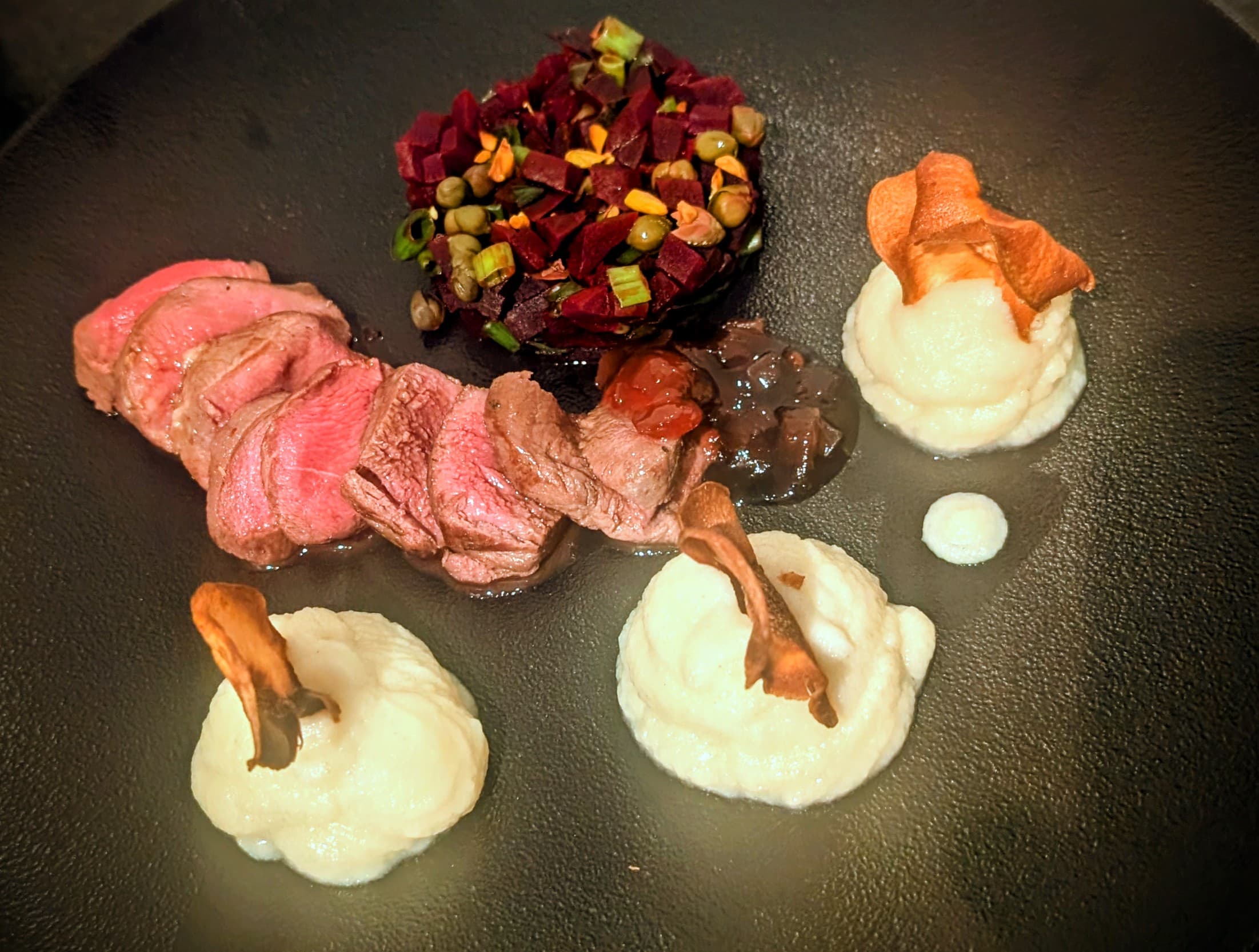 Venison Steak with Beetroot Tartare and Celeriac Puree
